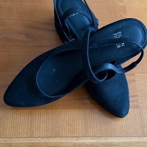 Eileen Fisher, block heels, black suede slingback with ankle strap, size 8
